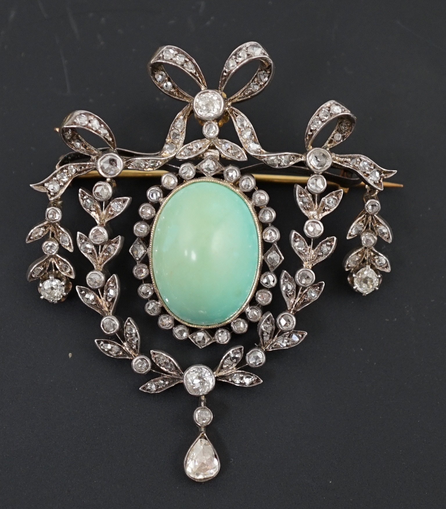 An Edwardian gold and silver, diamond and turquoise set drop pendant brooch